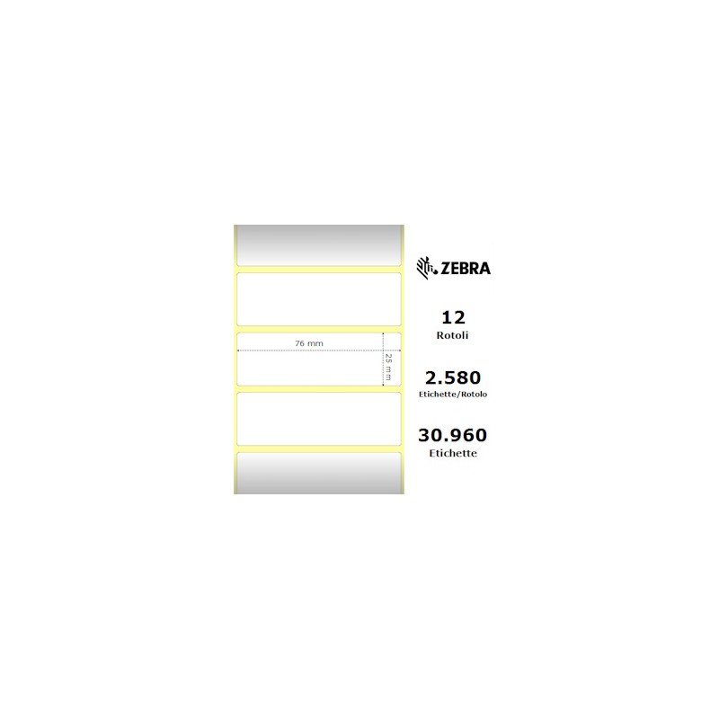 ZEBRA ETICHETTE 800263-105 Z-SELECT PACCO DA 12, TERMO, 2000D, 76X25MM 2580 ET./ROTO ORIGINALE ZEBRA ETICHETTE 800263-105 Z-SELECT PACCO DA 12, TERMO, 2000D, 76X25MM 2580 ET./ROTO ORIGINALE