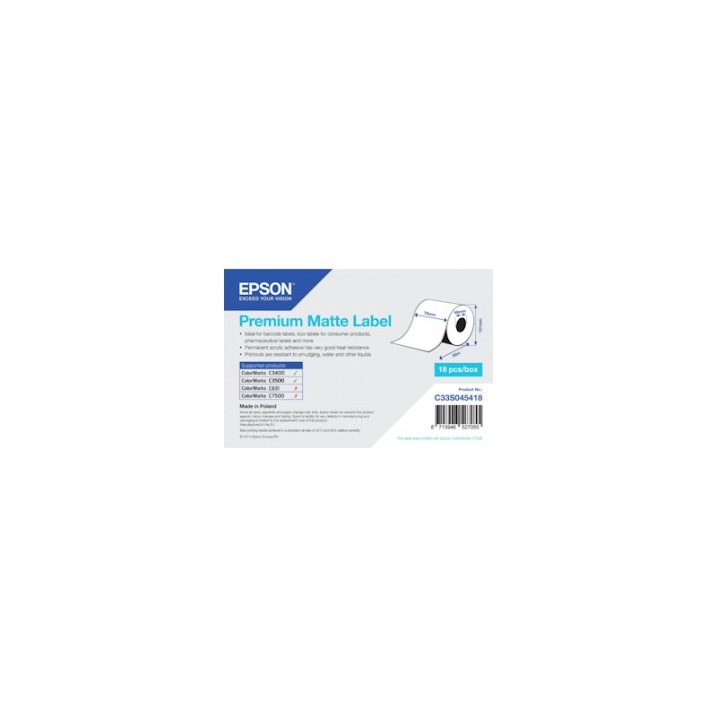 Epson Etichette Bianco C33S045418 S045418 Carta Normale, Opaco Politenato, 76Mm X 35M, Ve1 Originale Epson Etichette Bianco C33S045418 S045418 Carta Normale, Opaco Politenato, 76Mm X 35M, Ve1 Originale